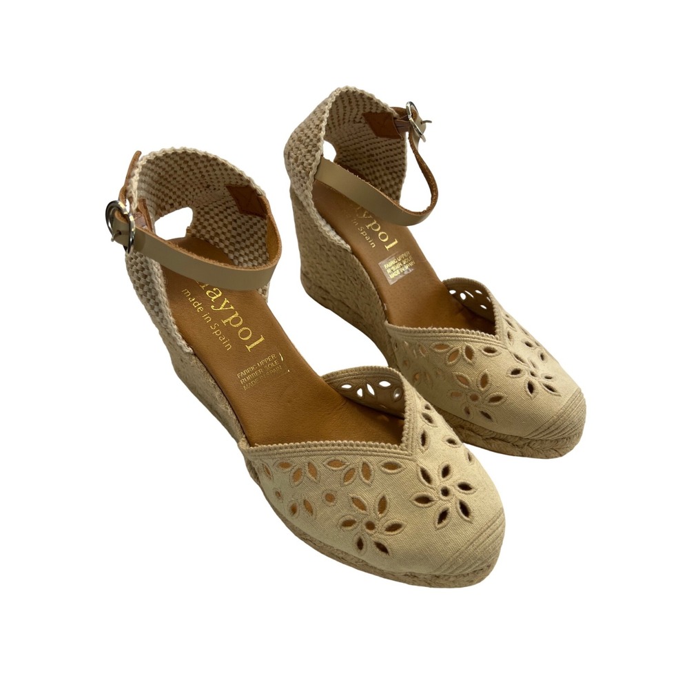 Maypol Beige Eyelet Canvas Espadrille Wedge Sandals Made in Spain Size 38 US 7.5